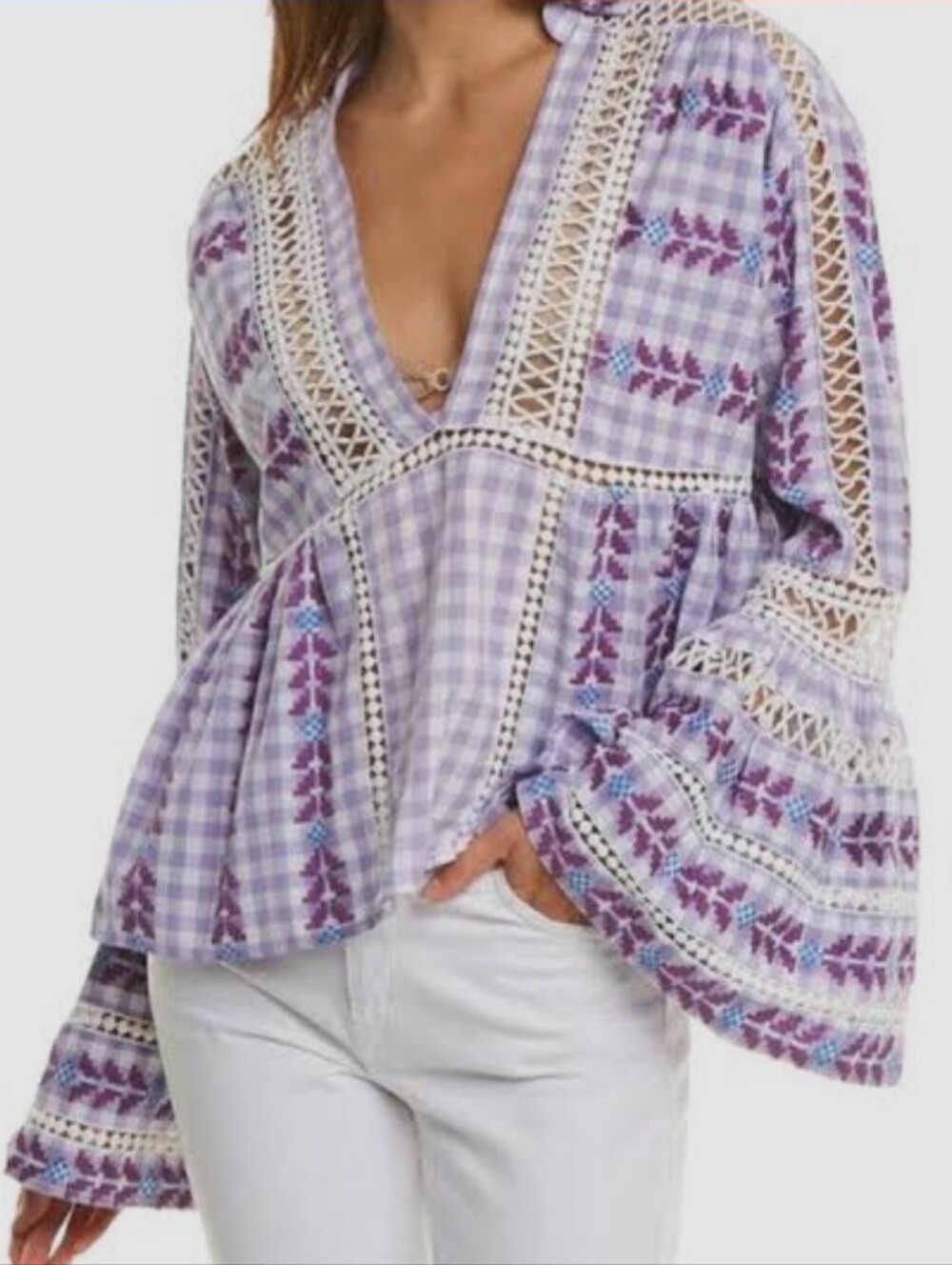 Dodo Bar Or/ Angel Gingham Boho Lavender Embroidered V-Neck Peasant Top / Medium